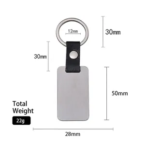 Sleek rectangular metal and leather keychain with detailed size markings and 22g weight