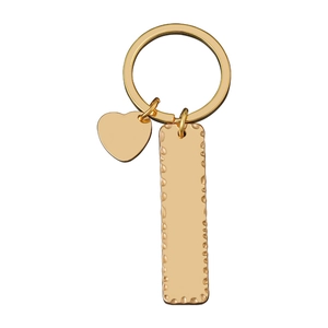 Porte-clés en métal doré avec breloque cœur et pendentif barre à texture martelée