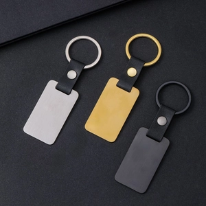 Minimalist Stainless Steel Leather Keychain Rectangle Laser Engraving DIY Blank Metal Key Ring For Men Women Gift