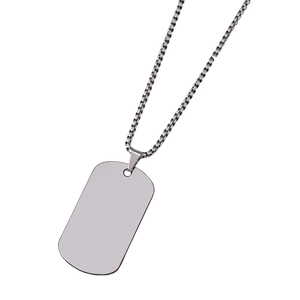 Gepolijste zilveren roestvrijstalen dog tag hanger aan een stevige boxschakelketting