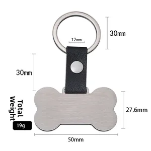 Bone-shaped stainless steel and black leather keychain with detailed dimensions
