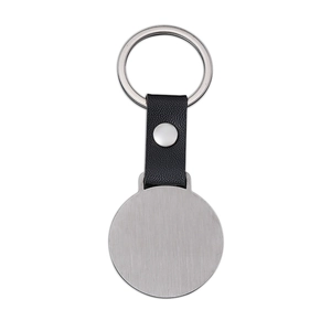 Minimalist round brushed metal keychain with black leather strap and silver ring