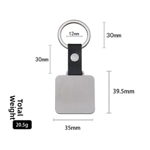 Minimalist black leather and square silver brushed metal keychain with size dimensions