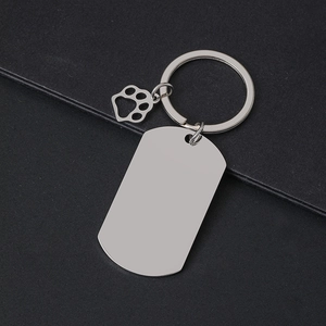 Detail shot of stainless steel keychain with rectangular military tag and paw pendant