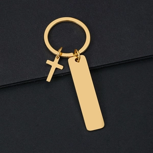 Llavero de oro acero inoxidable con cruz y colgante de barra en blanco para personalizar