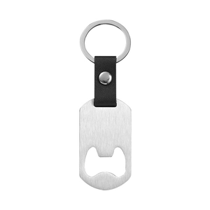 Detail of silver bottle opener keychain with black leather strap and stainless finish