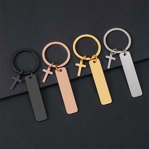 Llavero de Acero Inoxidable Con Colgante de Cruz y Placa de Identidad En Blanco Grabable Anillo de Metal Para Hombre Mujer Estilo Minimalista DIY