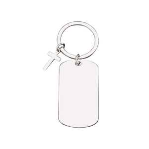 Polished metal cross keychain with blank rectangular tag for laser engraving custom gifts