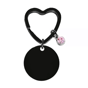 Schwarzer Metall-Schlüsselanhänger mit Herz-Haken, runder Plakette und rosa Strass-Anhänger