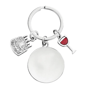 Silver metal birthday keychain with round DIY blank tag and red wine glass charm