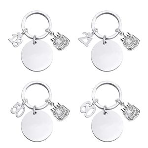 Stainless Steel Birthday Keychain With Cake And Number Pendant Blank Round Tag For Anniversary Gift Polished Metal Keyring