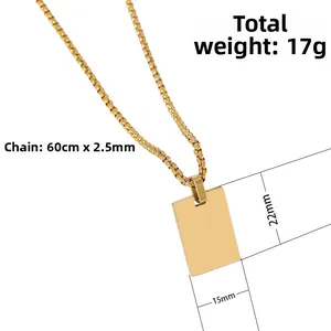 Ciondolo rettangolare in acciaio inossidabile dorato con catena da 60cm, dimensioni