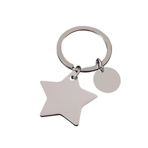 Polished stainless steel star and circle charms keychain set on white background