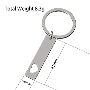 Stainless steel keychain with rectangular tag and heart cutout, 41mm x 10mm size, 8.3g