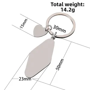 Polished stainless steel keychain with diamond and heart tags showing detailed dimensions
