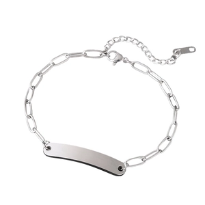 Polished silver stainless steel paperclip chain bracelet with a blank rectangular metal plate