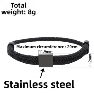 Black Milan rope bracelet with stainless steel square charm and adjustable braided cord
