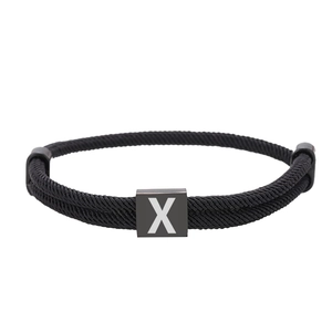 Minimalist black braided Milan rope bracelet with square stainless steel letter X tag