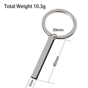 Polished stainless steel bar keychain 40x5mm pendant with 30mm split ring, 10.3g weight