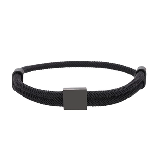 Minimalist black braided Milan rope bracelet with matte black stainless steel square bead