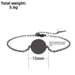 Minimalistische zwarte roestvrijstalen kettingarmband met 15mm ronde hanger en verstelbare link