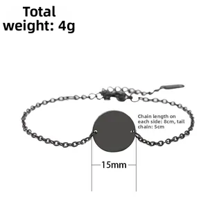 Black stainless steel round pendant bracelet with 15mm disk and 8cm chain with extension