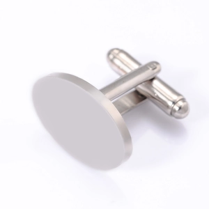 Detailed view of polished silver oval stainless steel cufflinks with secure T-bar closure