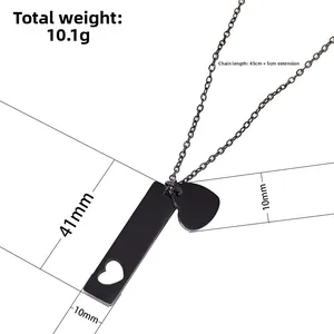 Black stainless steel necklace with hollow rectangle bar and heart pendant for engraving