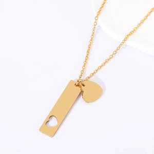 Golden stainless steel necklace featuring rectangular hollow heart pendant and small charm