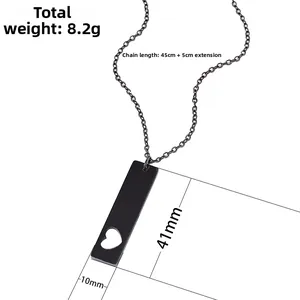 Black stainless steel bar necklace with hollow heart cutout and size dimensions