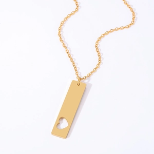 Golden rectangular bar pendant necklace with heart cutout and delicate link chain
