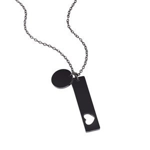 Black stainless steel necklace with round pendant and hollow heart rectangle charm