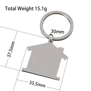 House shaped stainless steel metal keychain with 30mm ring and detailed dimensions