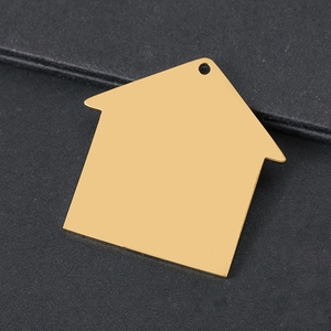 Polished gold house-shaped stainless steel pendant tag with hole for DIY jewelry making