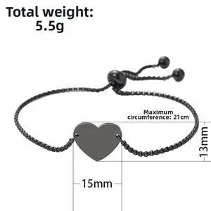 Adjustable black heart pendant bracelet with slider bead chain and 21cm max length