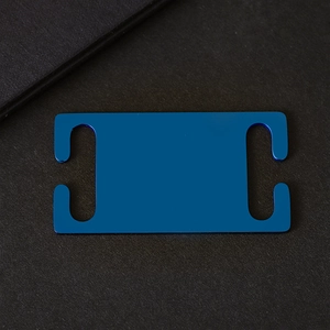 Blue rectangular stainless steel slide-on pet ID tag with side slots for collars