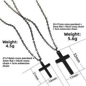 Black stainless steel cross pendant necklace in two sizes with adjustable flat chain link
