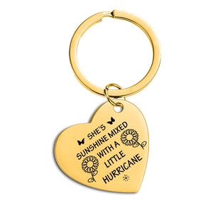 Polished gold heart keychain engraved with sunshine quote and sunflower details