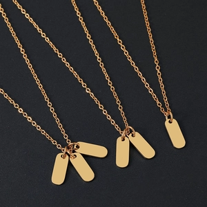 Golden stainless steel rectangle tag necklaces with single, double, and triple pendants