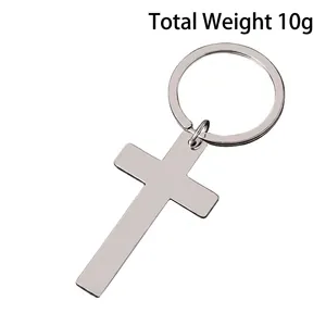 Polished silver stainless steel cross keychain with size dimensions 49x28mm and 30mm ring