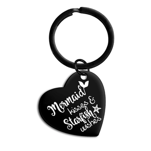 Porte-clés cœur noir mat avec citation Mermaid kisses et Starfish wishes et motifs marins