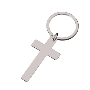 Polished stainless steel cross keychain with silver metallic finish and flat key ring