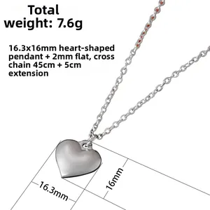 Silver stainless steel heart pendant necklace with 2mm flat cross chain and extension