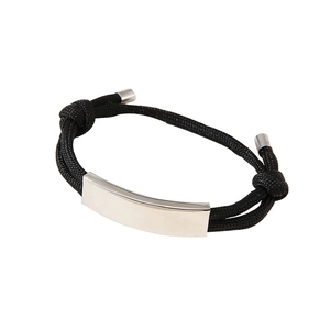 Minimalist black braided bracelet with adjustable cord and polished silver metal plate