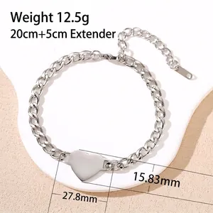 Silver stainless steel Cuban chain bracelet with heart pendant and adjustable clasp