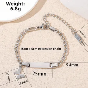 Polished stainless steel butterfly charm bracelet with rectangular ID tag for kids
