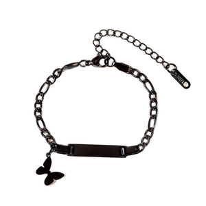 Black stainless steel Cuban chain bracelet with rectangular ID tag and butterfly charm