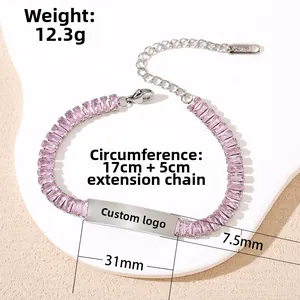 Bracelet en acier inoxydable avec zircon rose, plaque de 31mm et chaîne ajustable élégante