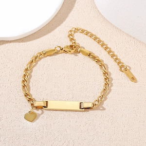 Gold stainless steel Figaro bracelet with rectangle ID plate and heart charm pendant