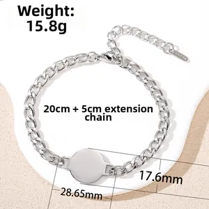 Polished silver stainless steel Cuban link bracelet with blank round charm and 20cm chain